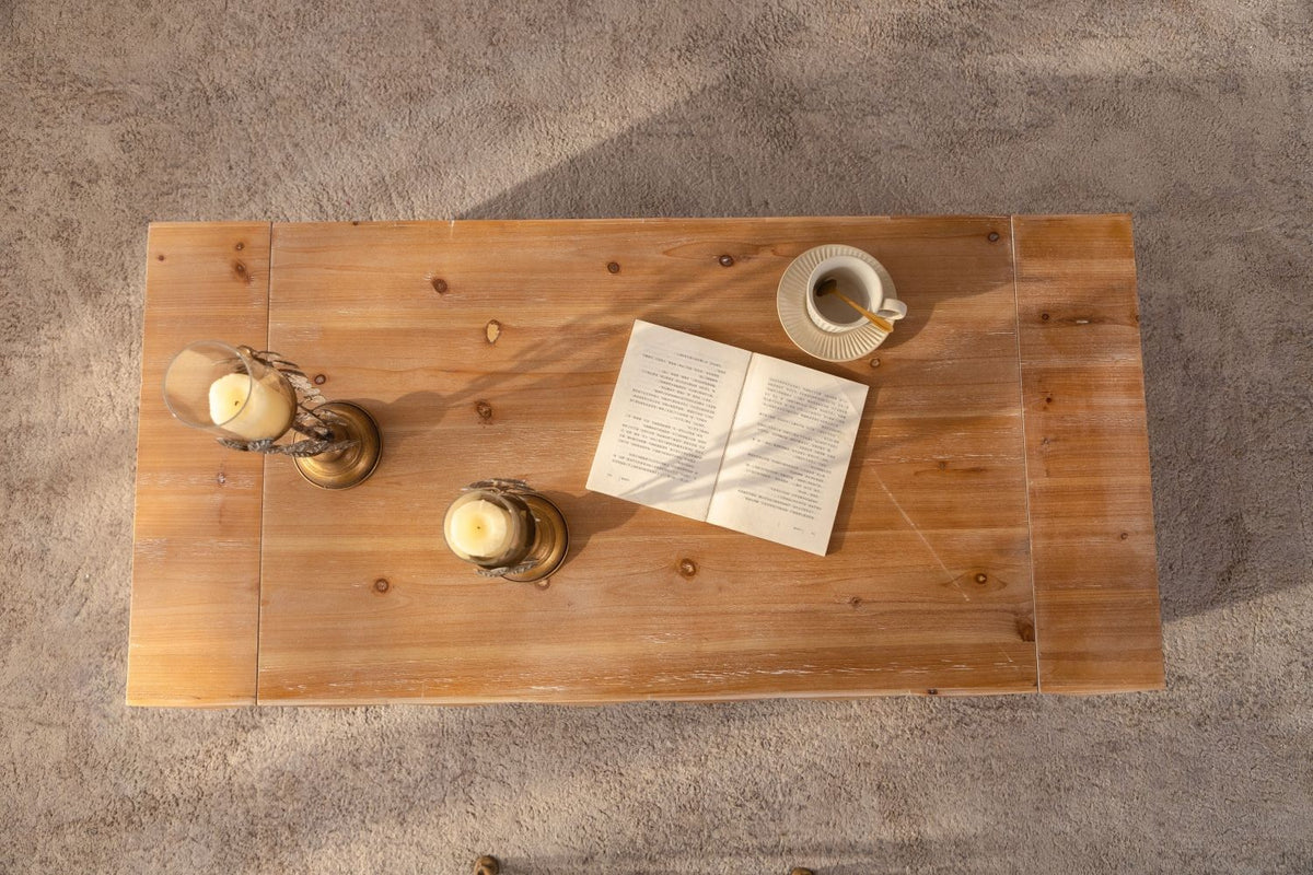 Rustic Geometric Relief Coffee Table - Solid Wood & MDF Rectangle Coffee Table with 3D Carved