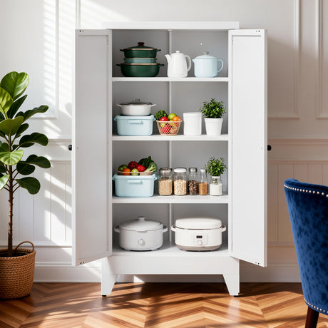 White Freestanding Pantry Cabinet with Adjustable Shelving