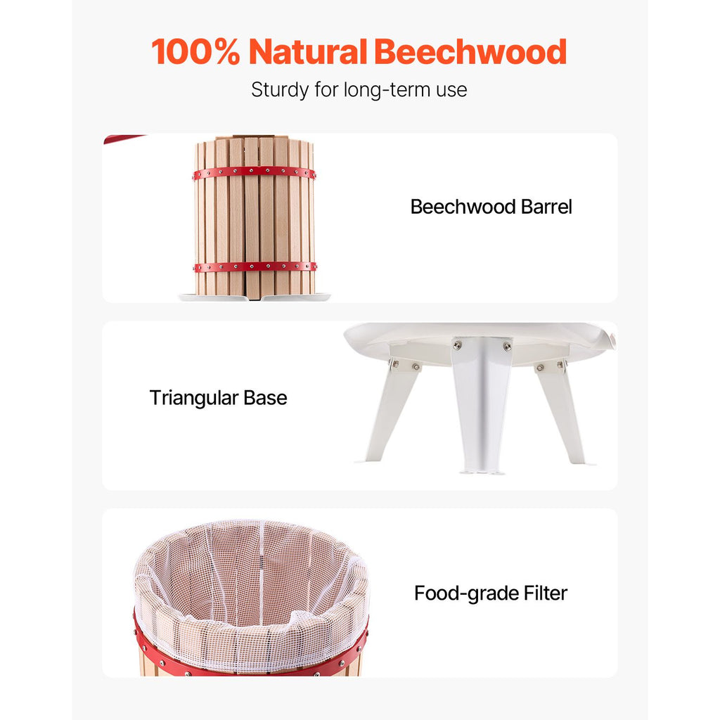 Premium 4.75 Gallon Fruit Wine Press - Solid Beechwood, Manual Juice Maker for Cider, Apple, Grape