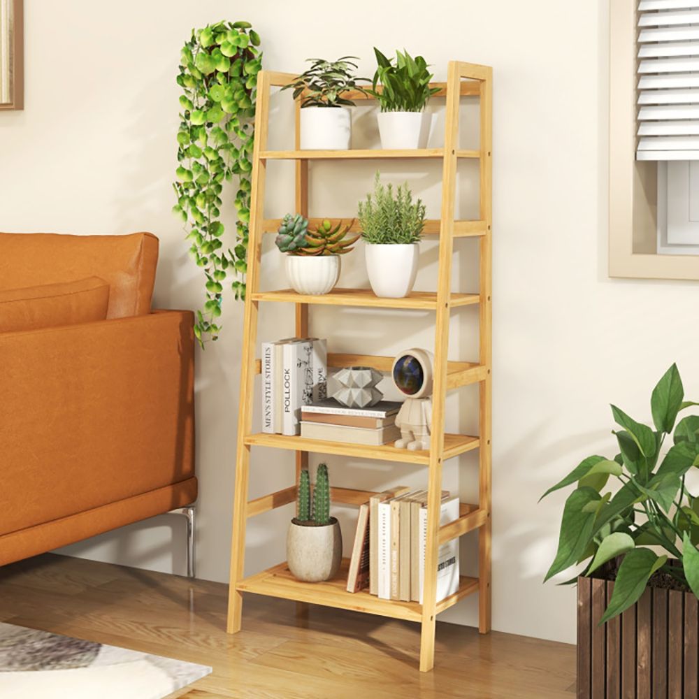 4-Tier Bamboo Bookcase with Ladder Design and Support Bars