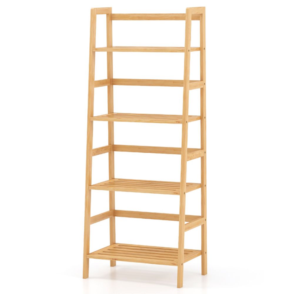 4-Tier Bamboo Bookcase with Ladder Design and Support Bars