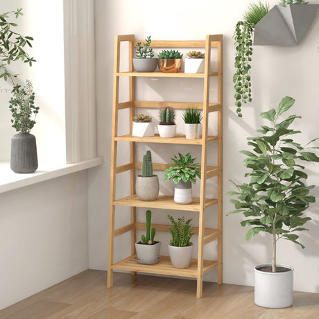4-Tier Bamboo Bookcase with Ladder Design and Support Bars