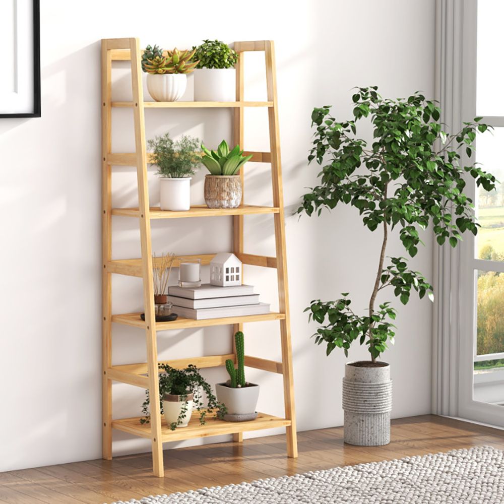 4-Tier Bamboo Bookcase with Ladder Design and Support Bars
