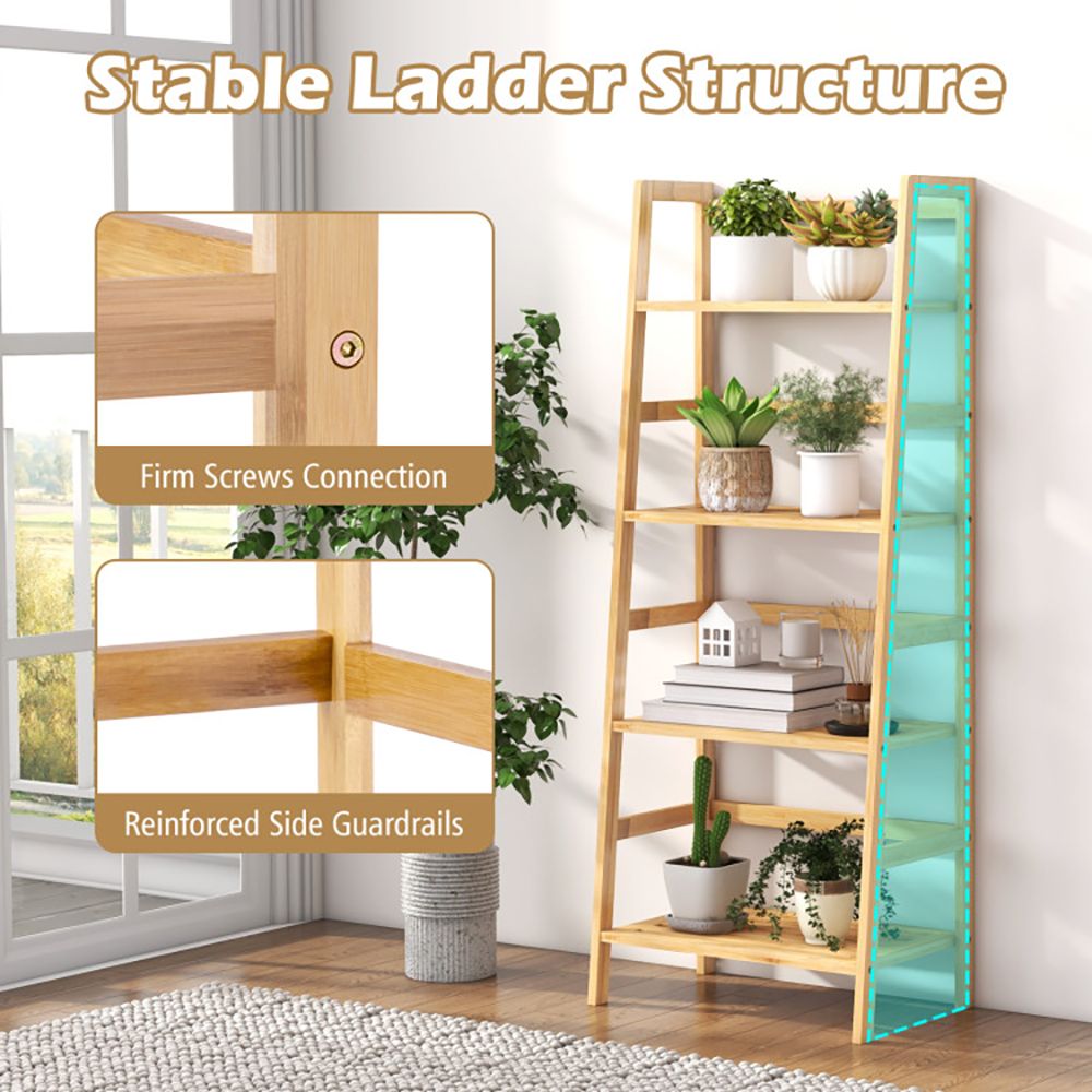 4-Tier Bamboo Bookcase with Ladder Design and Support Bars