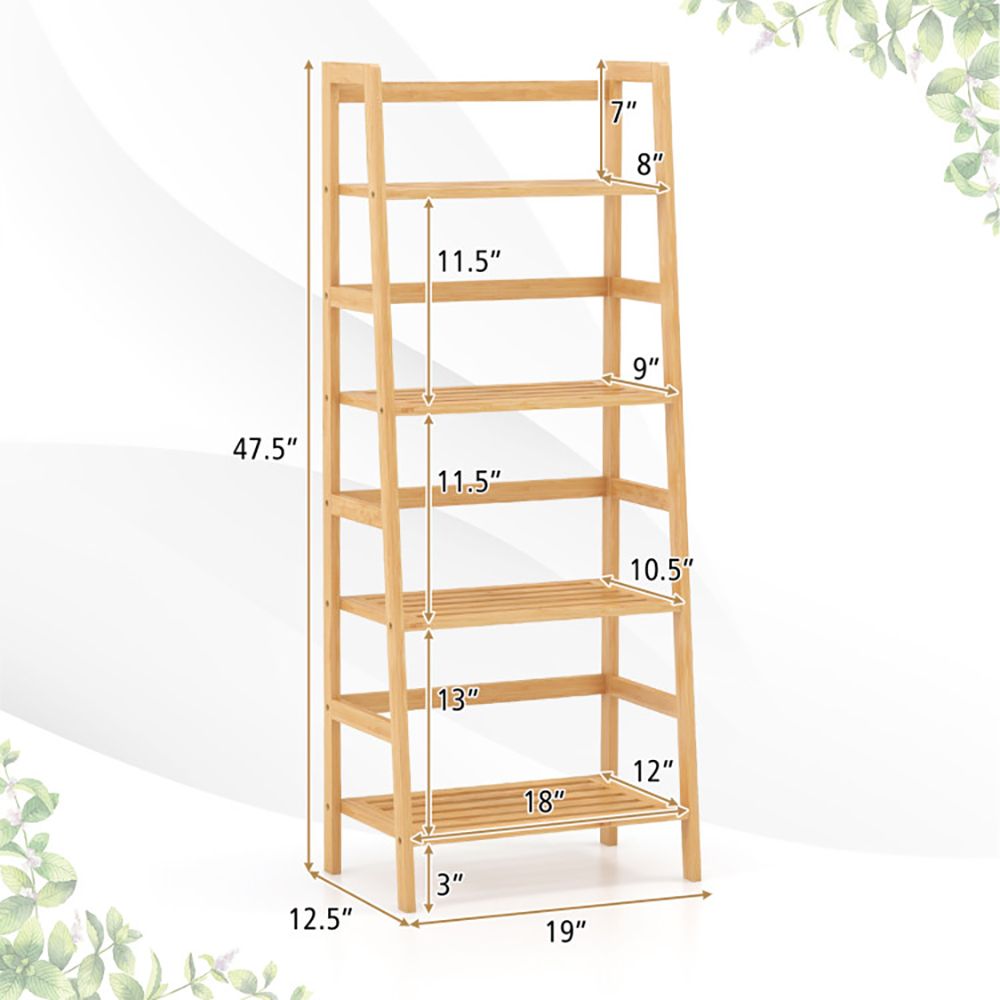 4-Tier Bamboo Bookcase with Ladder Design and Support Bars