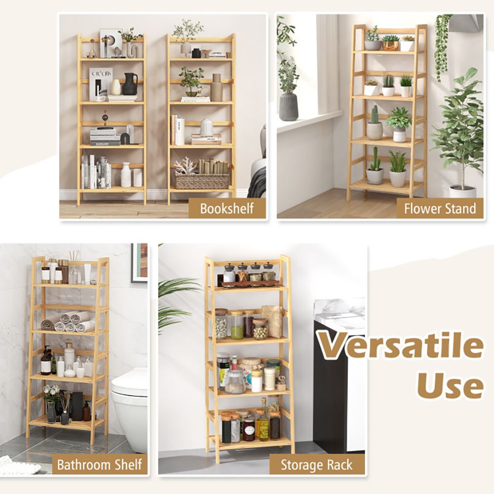 4-Tier Bamboo Bookcase with Ladder Design and Support Bars