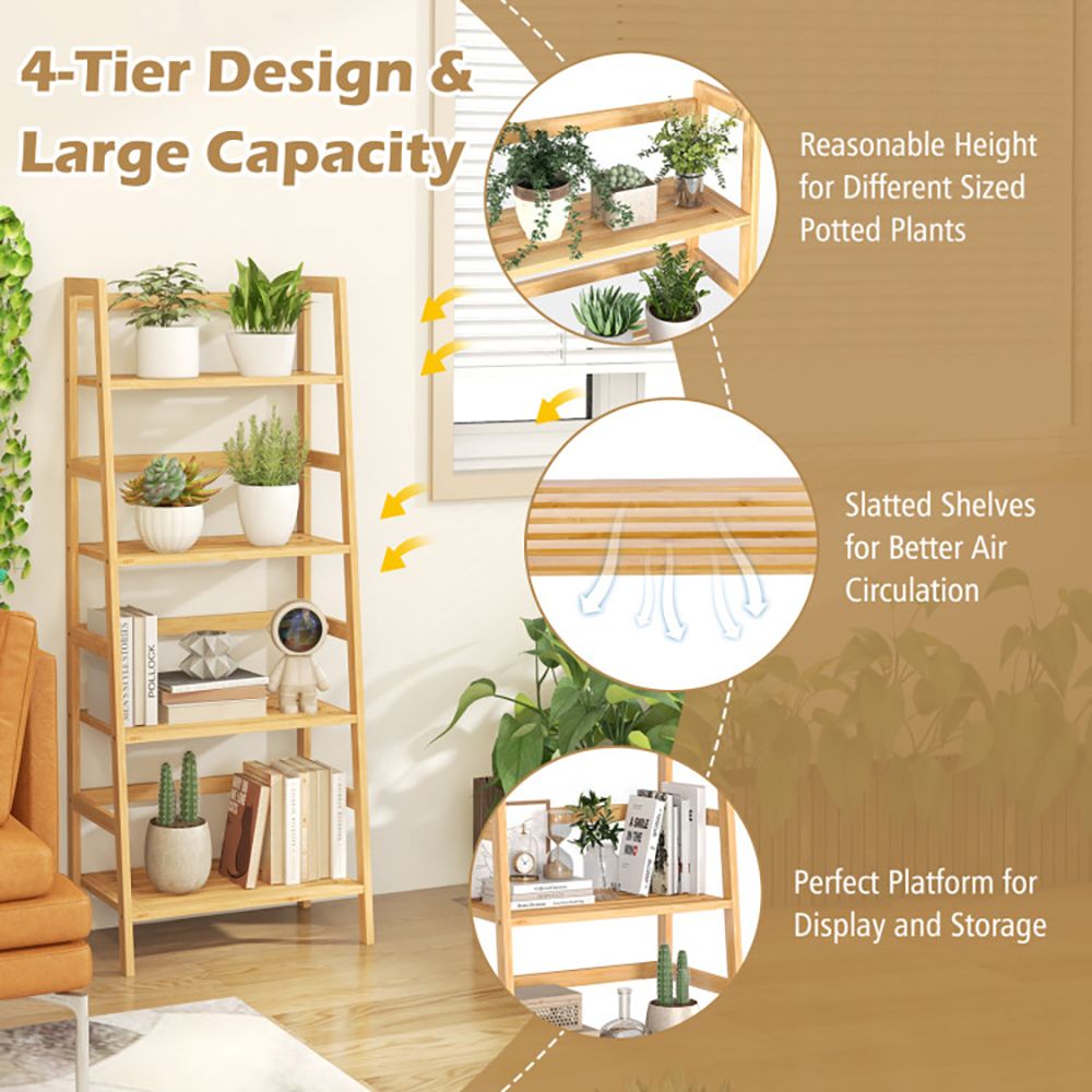 4-Tier Bamboo Bookcase with Ladder Design and Support Bars