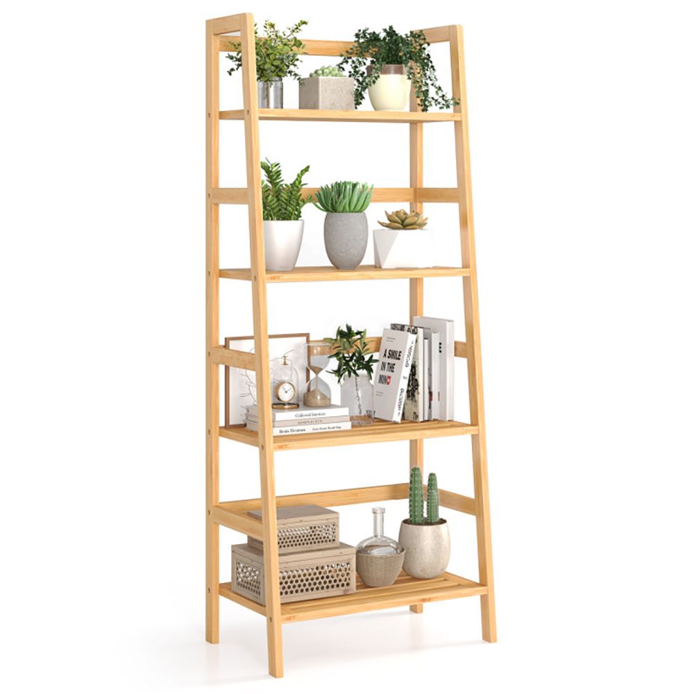 4-Tier Bamboo Bookcase with Ladder Design and Support Bars