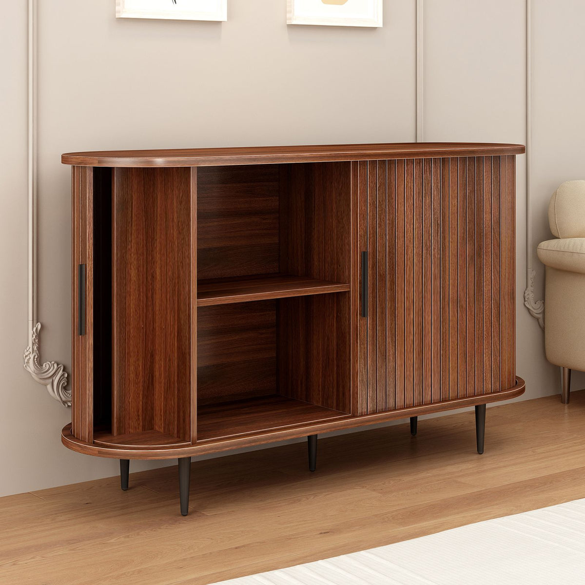 Modern Boho Fluted Sideboard with Sliding Tambour Doors