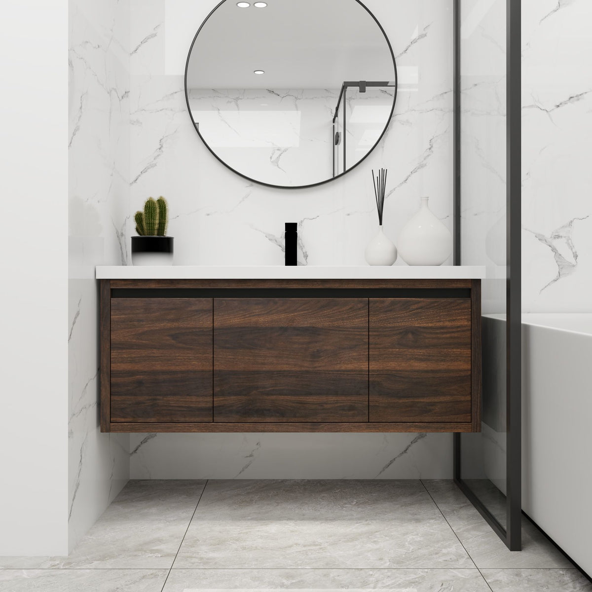 Contemporary 48 Floating Bathroom Vanity with Soft-Close Doors and Resin Sink