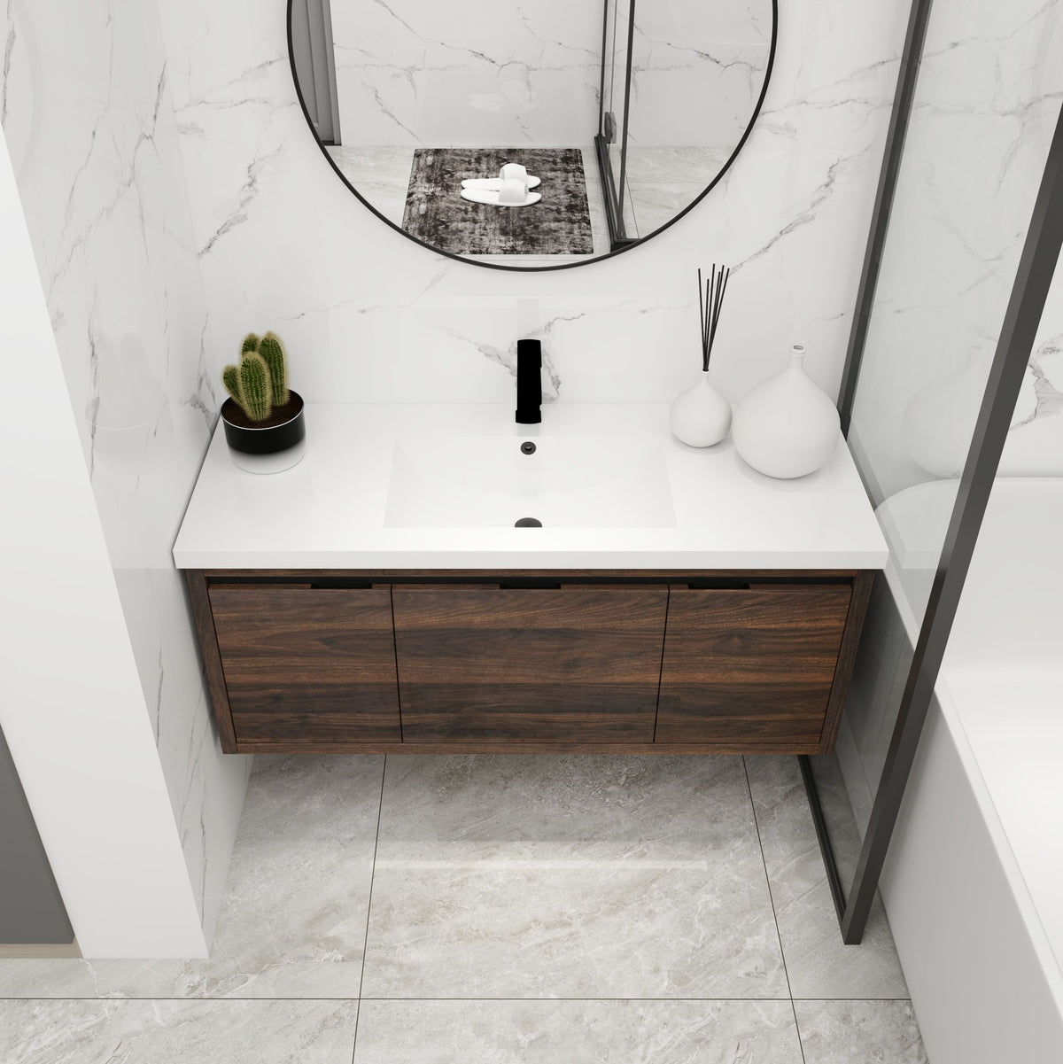 Contemporary 48 Floating Bathroom Vanity with Soft-Close Doors and Resin Sink