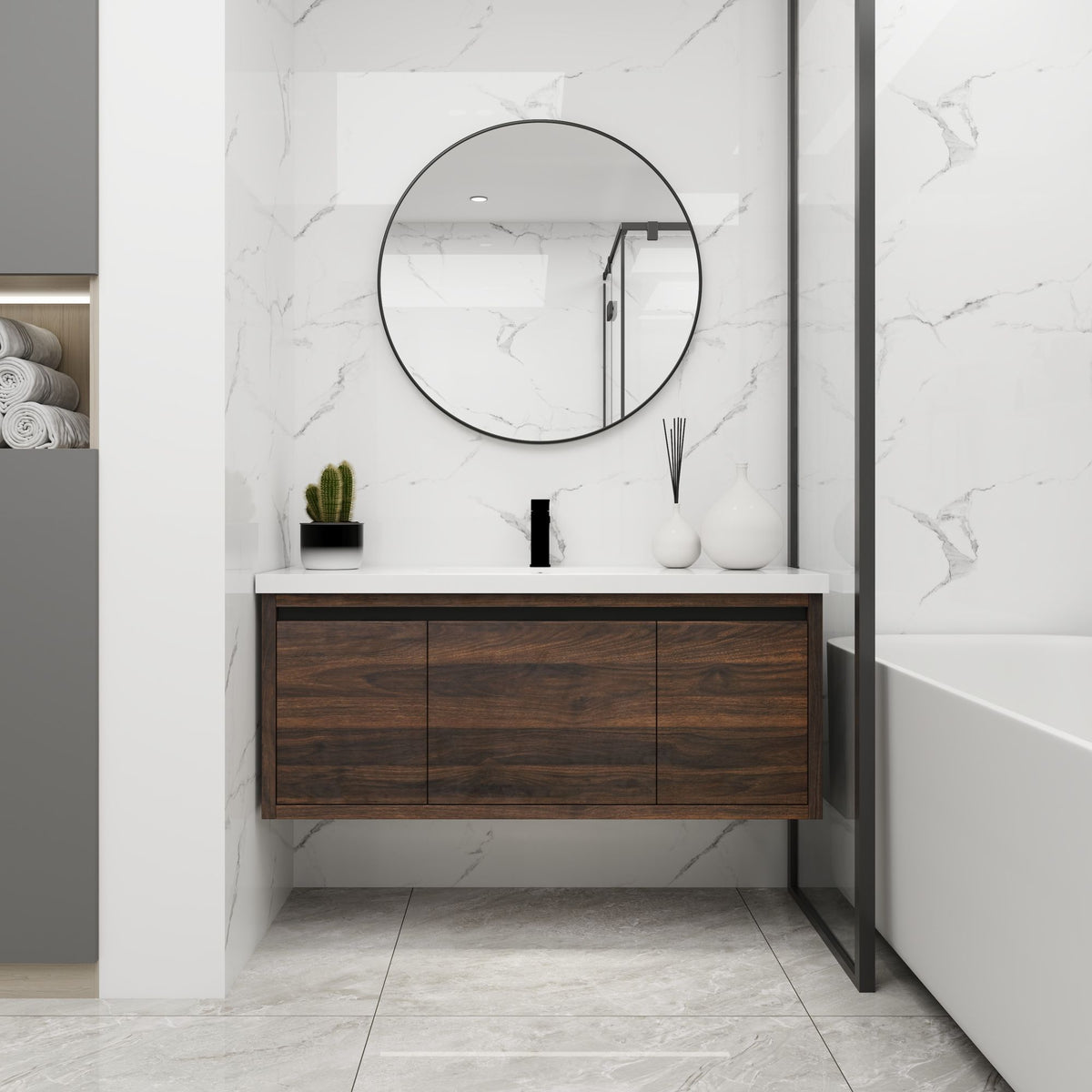 Contemporary 48 Floating Bathroom Vanity with Soft-Close Doors and Resin Sink