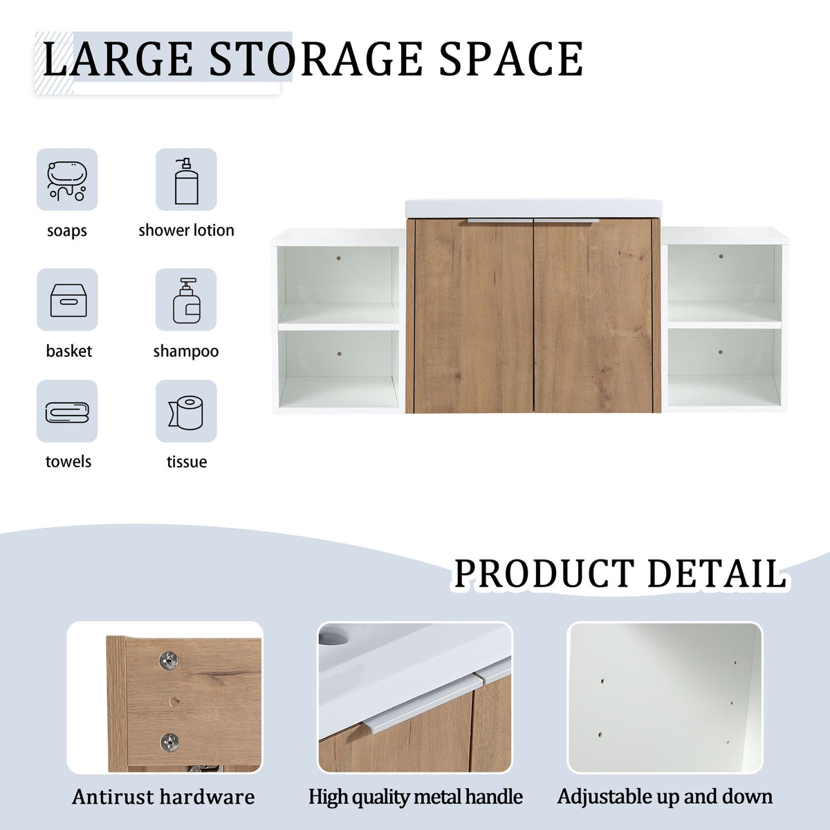 Wall Mounted Bathroom Vanity with Double Door Storage and Sink