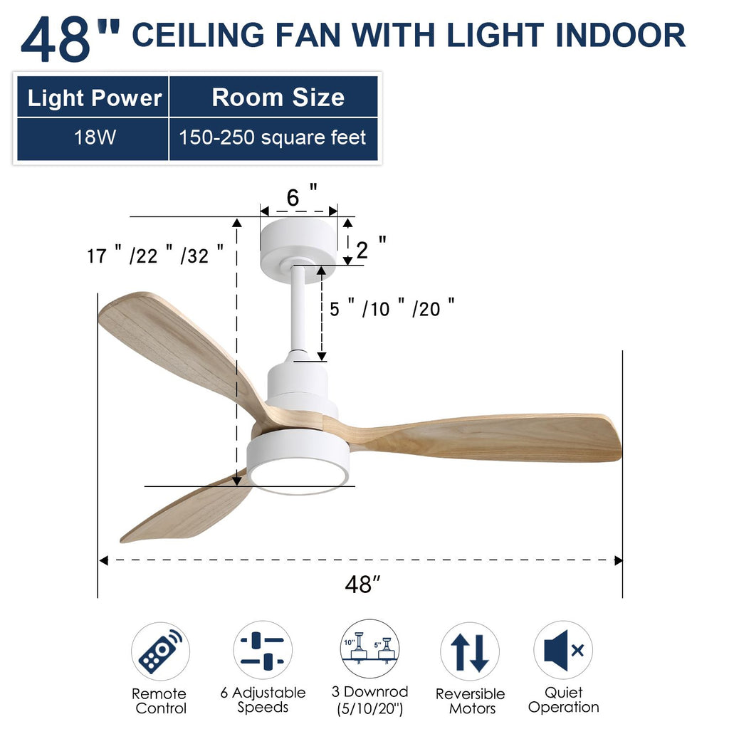 48- Solid Wood Ceiling Fan with Dimmable Light and Remote Control