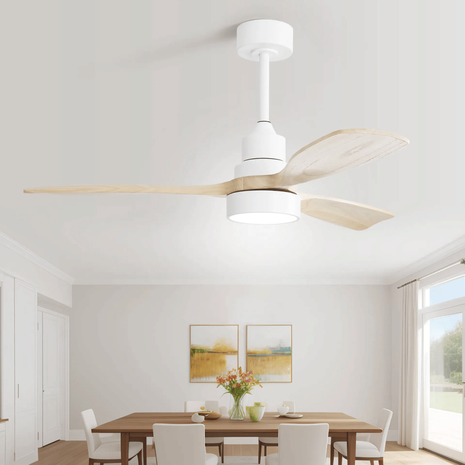 48- Solid Wood Ceiling Fan with Dimmable Light and Remote Control