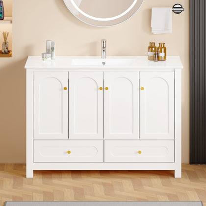 48- White Bathroom Vanity with Sink and Soft-Close Storage
