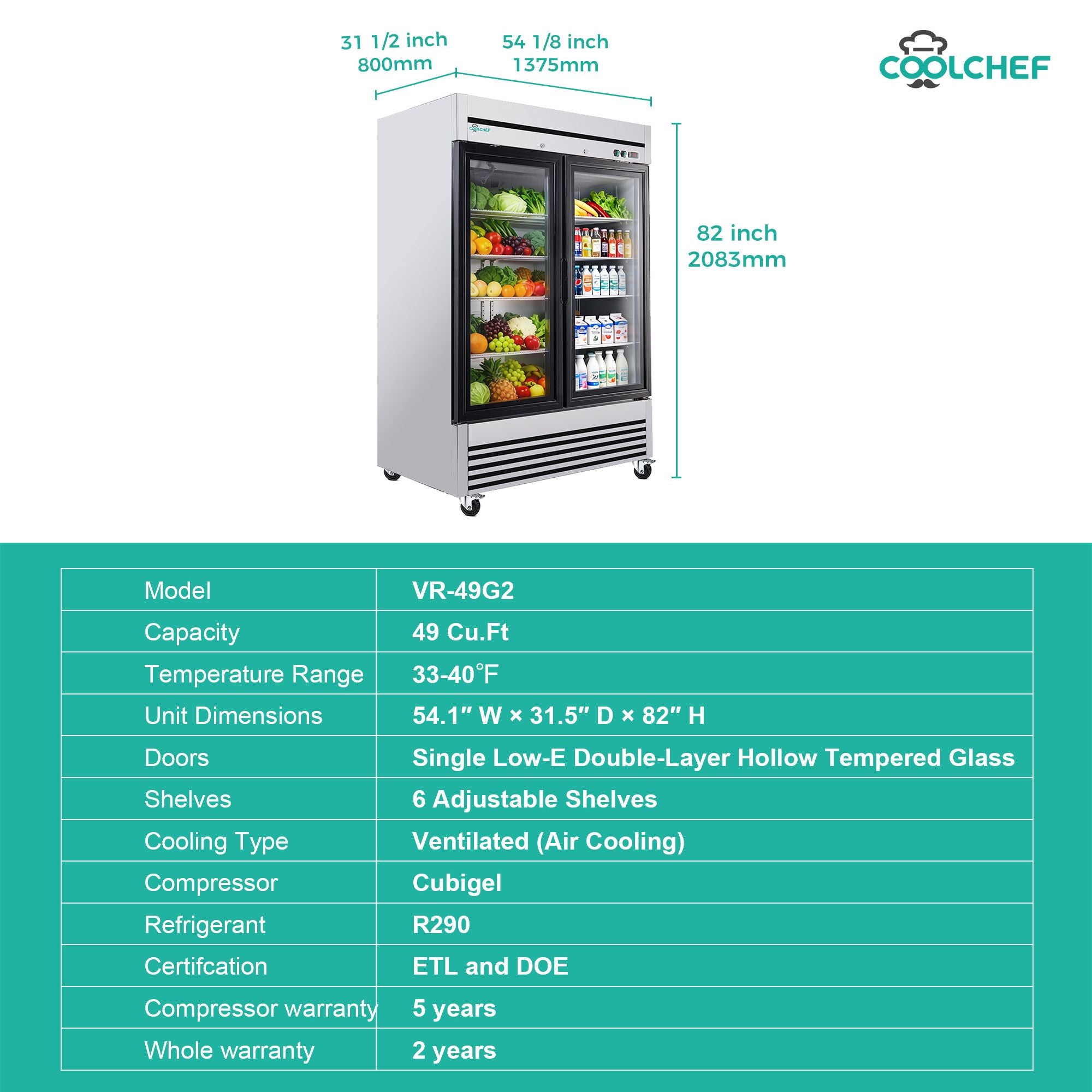 Commercial Double-Door Reach-In Display Refrigerator