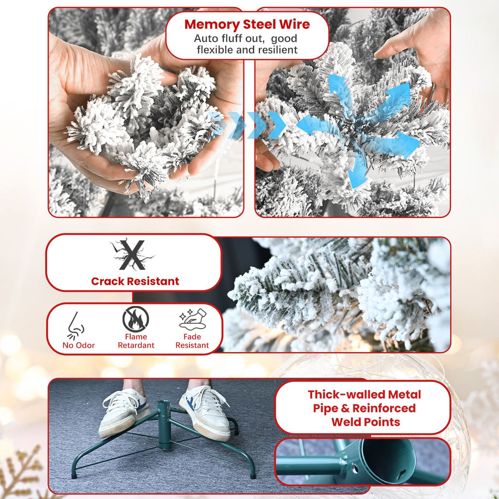 Snow Flocked Artificial Christmas Tree Unlit White Pine Xmas Tree with 21 Pine Cone 366 Tips w/E
