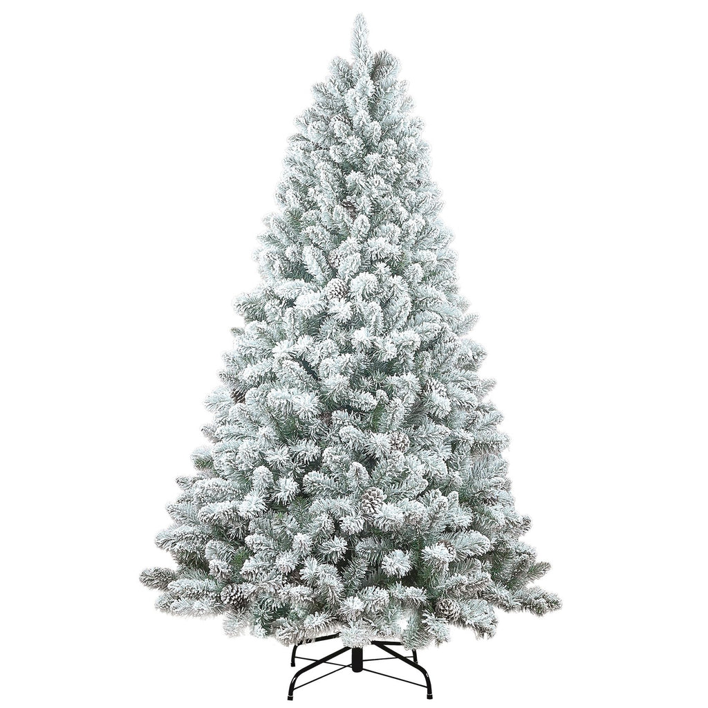 Snow Flocked Artificial Christmas Tree Unlit White Pine Xmas Tree with 21 Pine Cone 366 Tips w/E