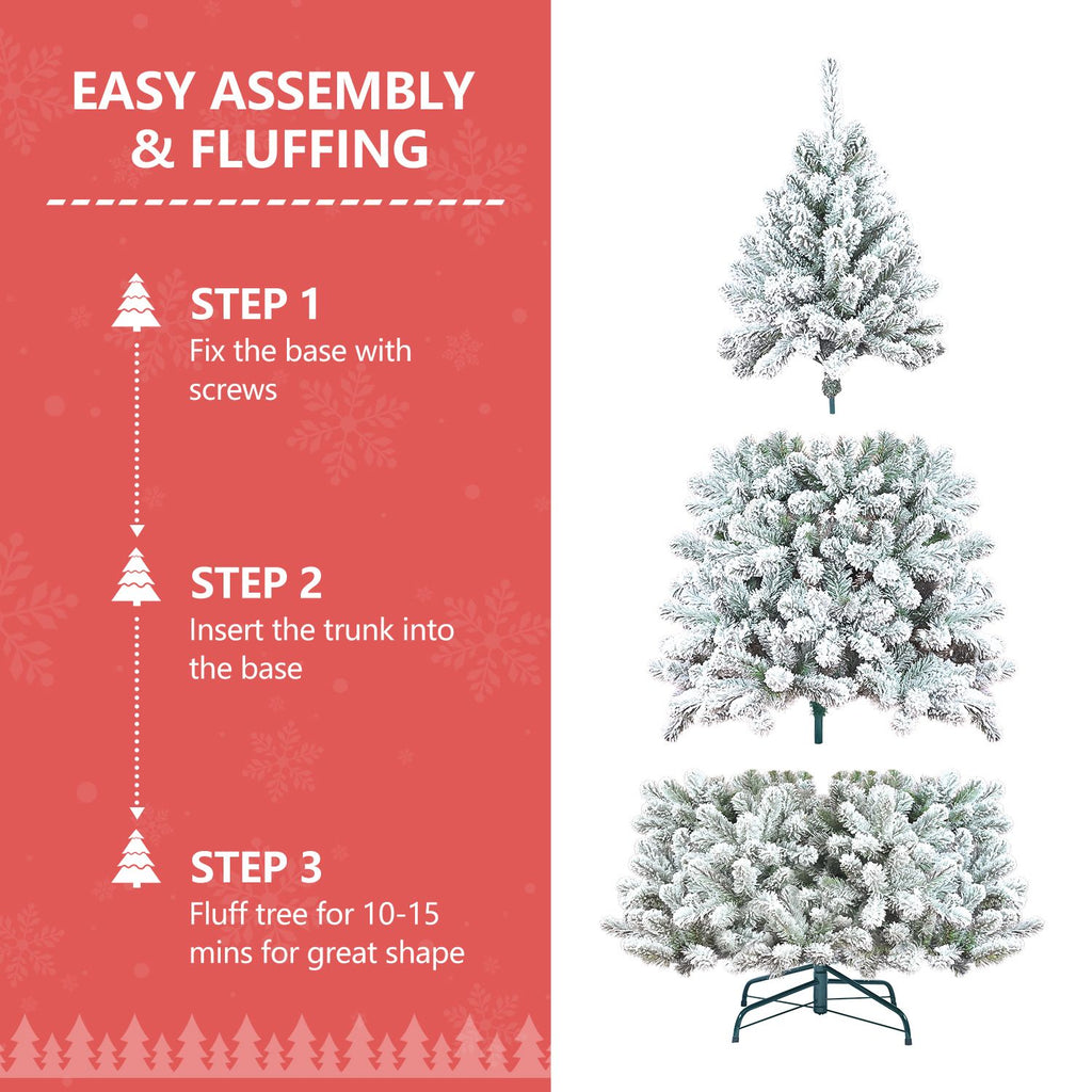 Snow Flocked Artificial Christmas Tree Unlit White Pine Xmas Tree with 21 Pine Cone 366 Tips w/E