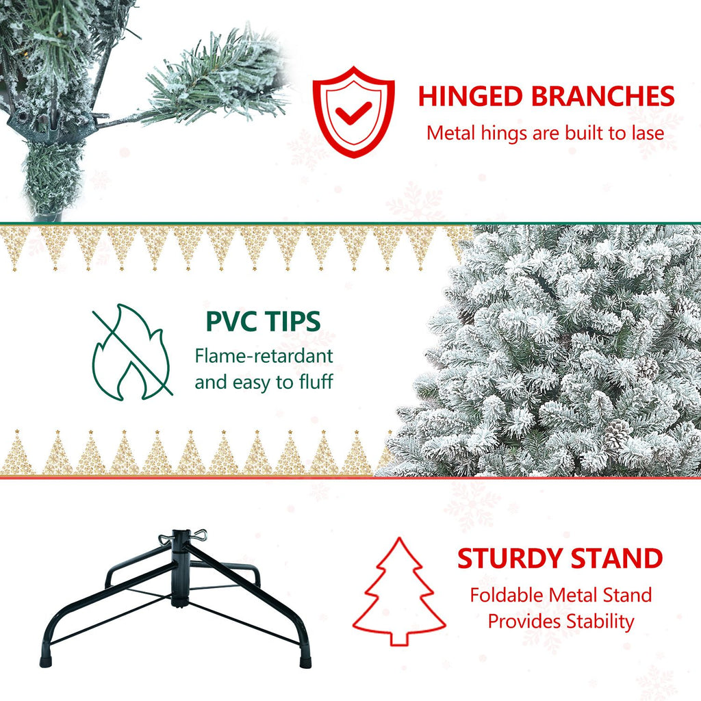 Snow Flocked Artificial Christmas Tree Unlit White Pine Xmas Tree with 21 Pine Cone 366 Tips w/E
