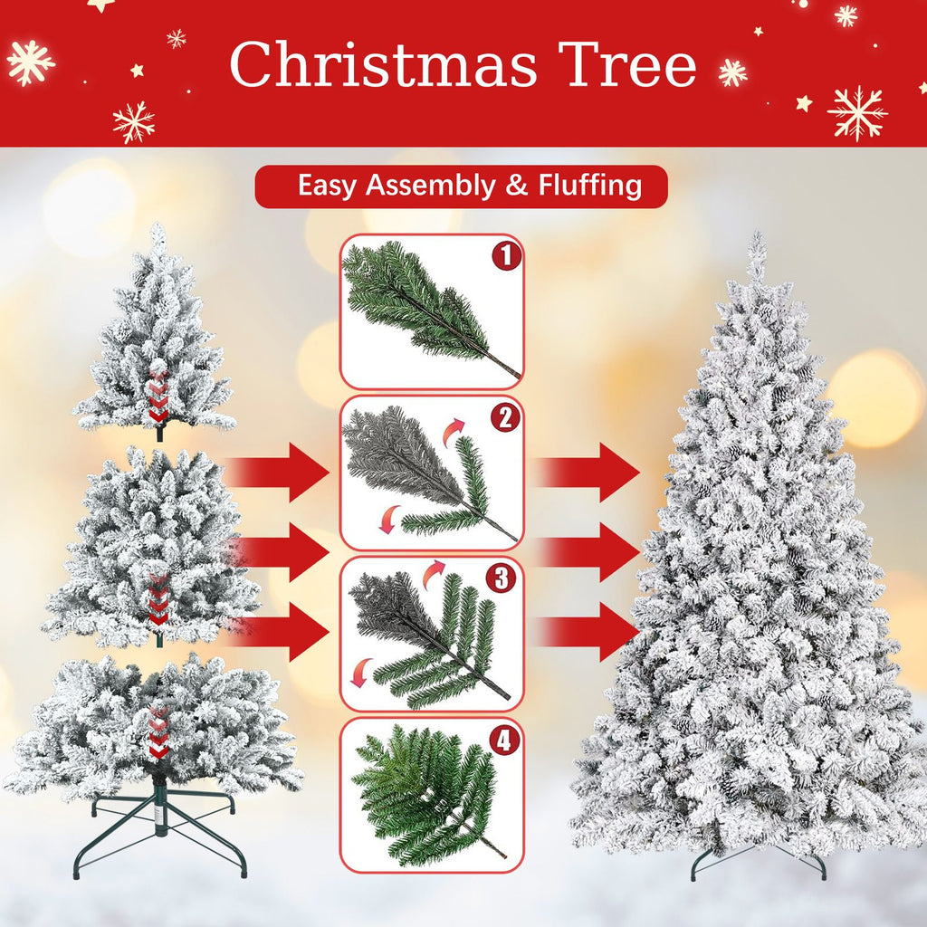 Snow Flocked Artificial Christmas Tree Unlit White Pine Xmas Tree with 21 Pine Cone 366 Tips w/E