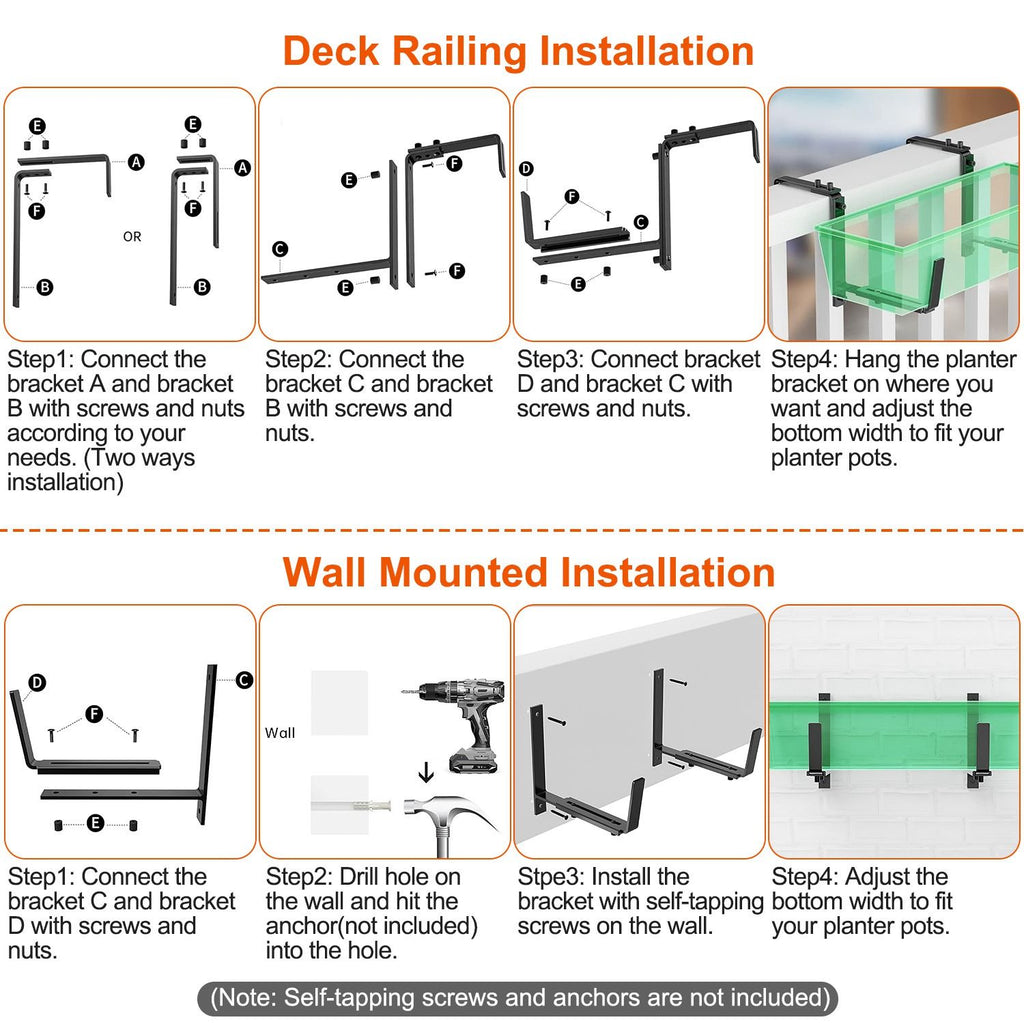 Four Adjustable No-Drill Planter Box Brackets
