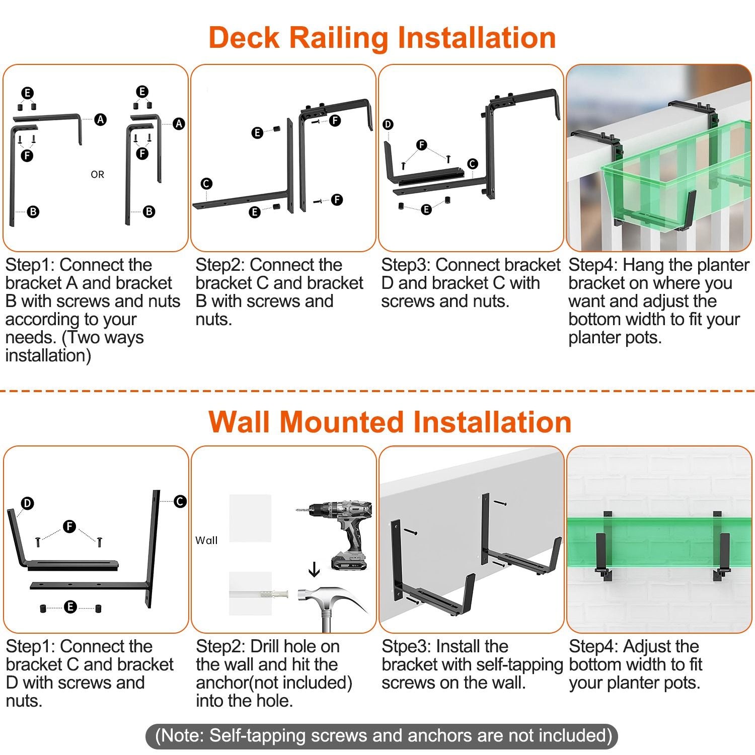 Four Adjustable No-Drill Planter Box Brackets
