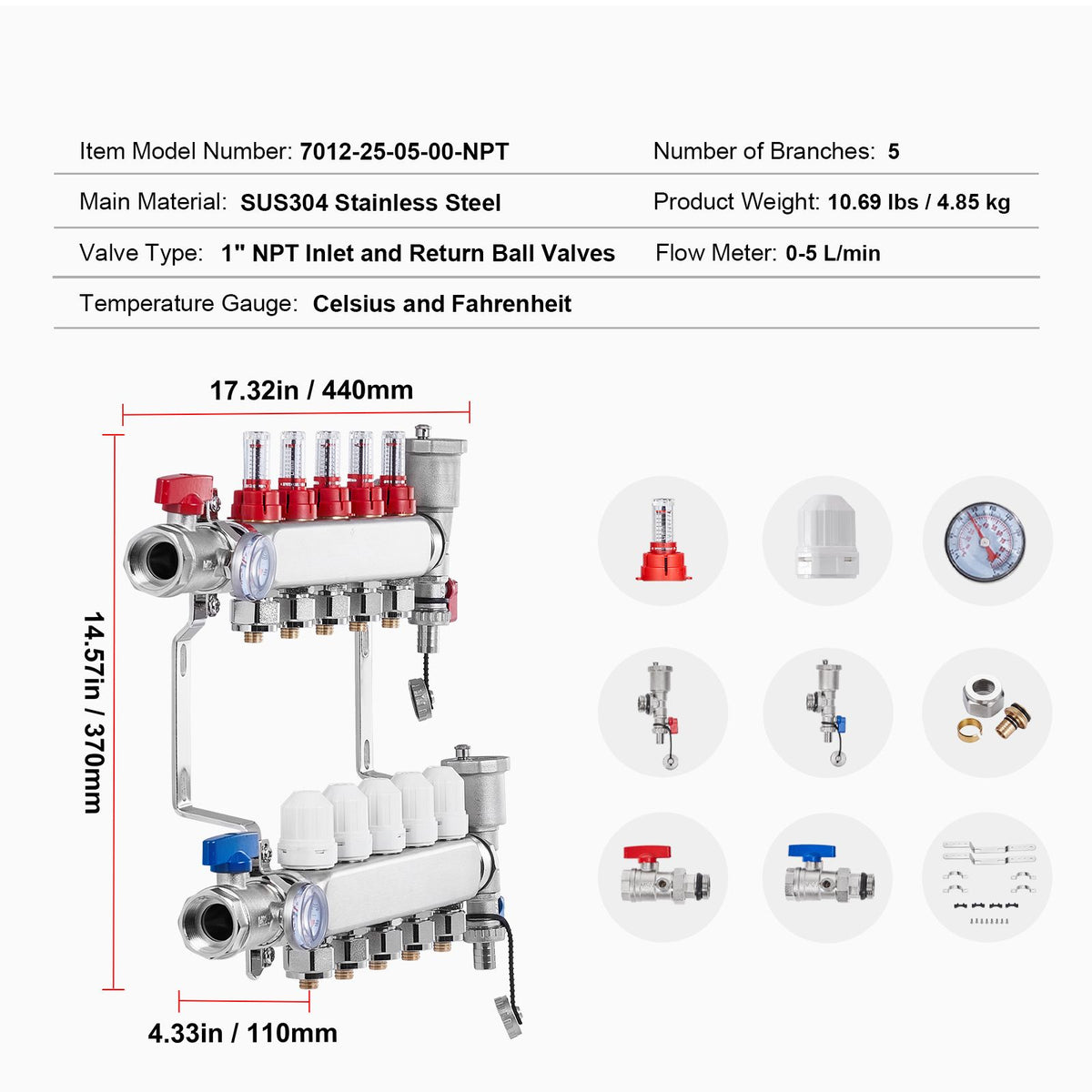 Five-Branch Hydronic Radiant Heat Manifold Kit