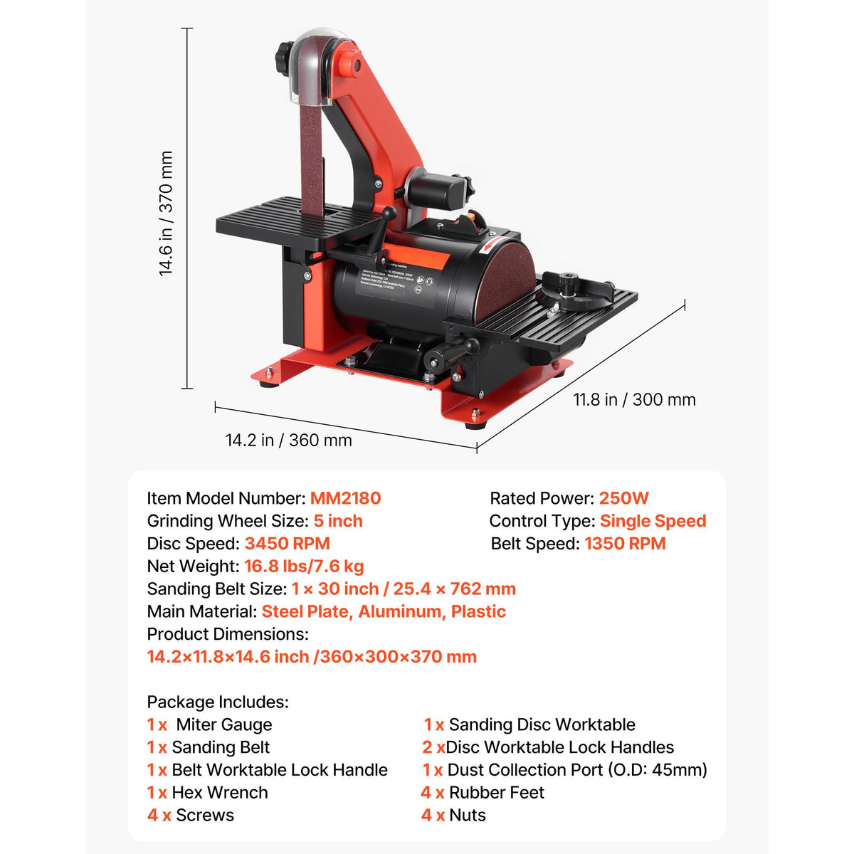 Disc Sander & x Belt Sander, 250W Benchtop Belt Disc Sanders Combo with 0 - 45° Adjustable