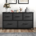 5 Drawer Dresser Fabric, Wide Chest Of Drawers With Wood Top for Living