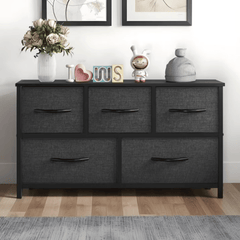 5 Drawer Dresser Fabric, Wide Chest Of Drawers With Wood Top for Living