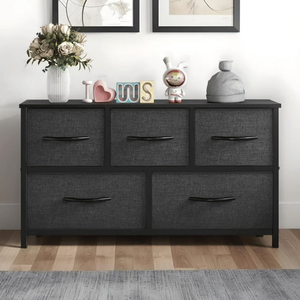 5 Drawer Dresser Fabric, Wide Chest Of Drawers With Wood Top for Living