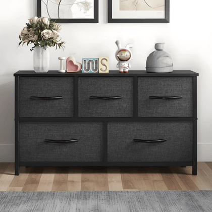 5 Drawer Dresser Fabric, Wide Chest Of Drawers With Wood Top for Living