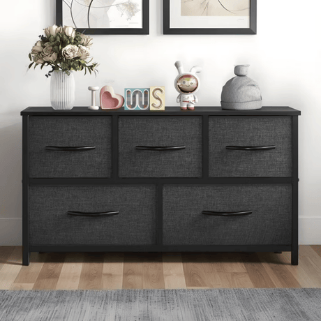 5 Drawer Dresser Fabric, Wide Chest Of Drawers With Wood Top for Living