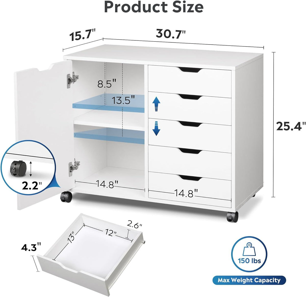 Rolling Five-Drawer Office Cabinet and Printer Stand
