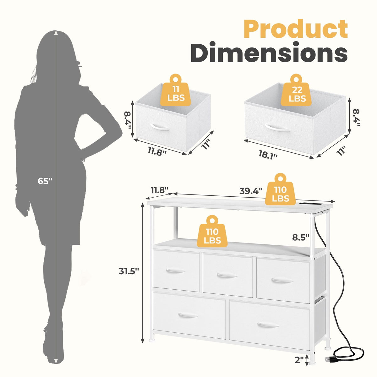 TV Stand Dresser with Charging Station and Open Shelves
