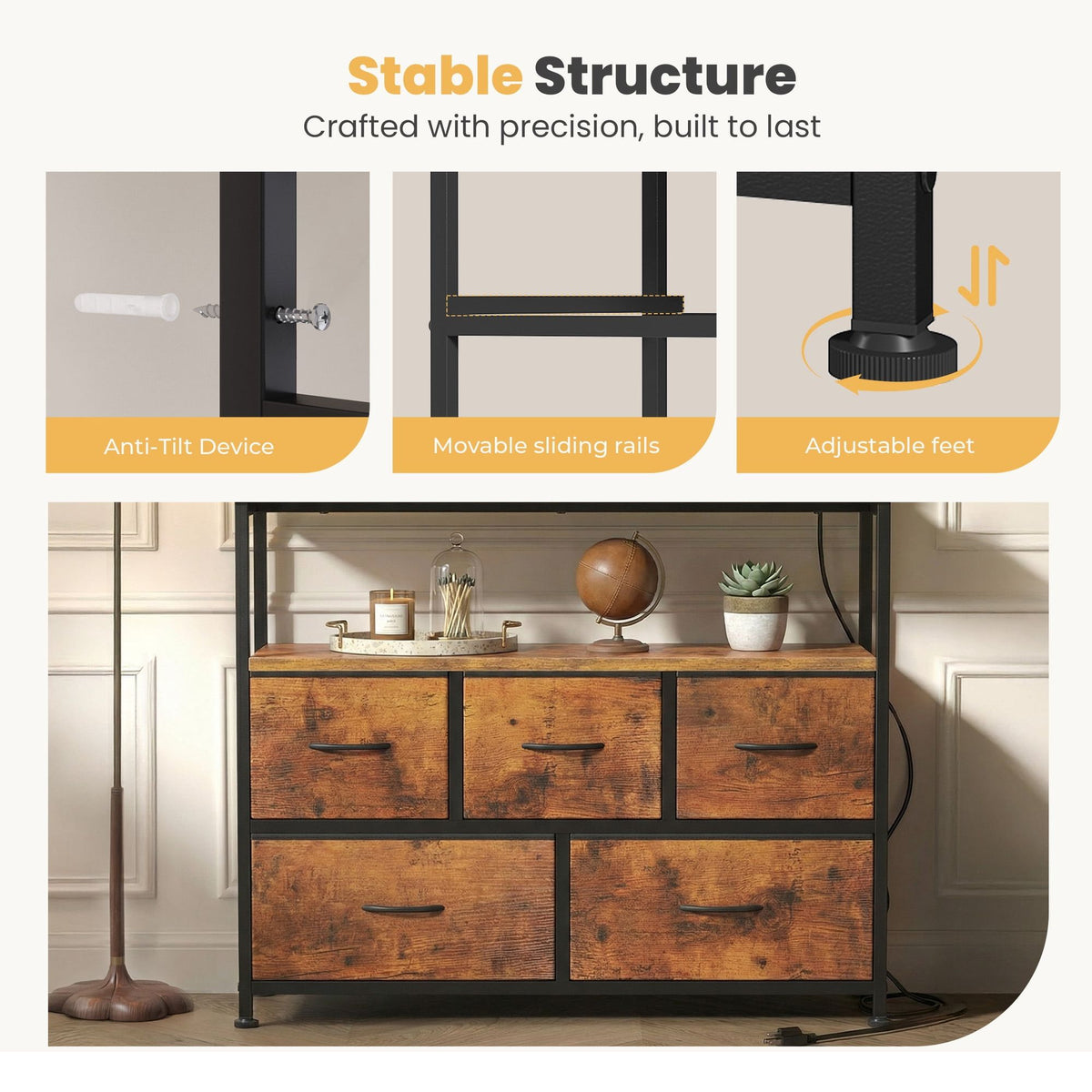Rustic Brown TV Stand Dresser with Charging Station