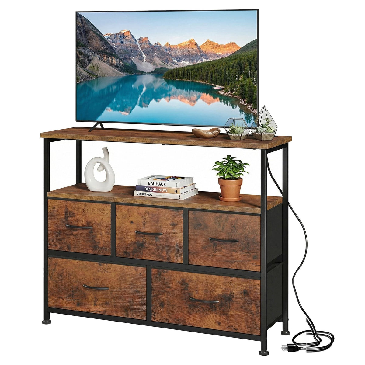 Rustic Brown TV Stand Dresser with Charging Station