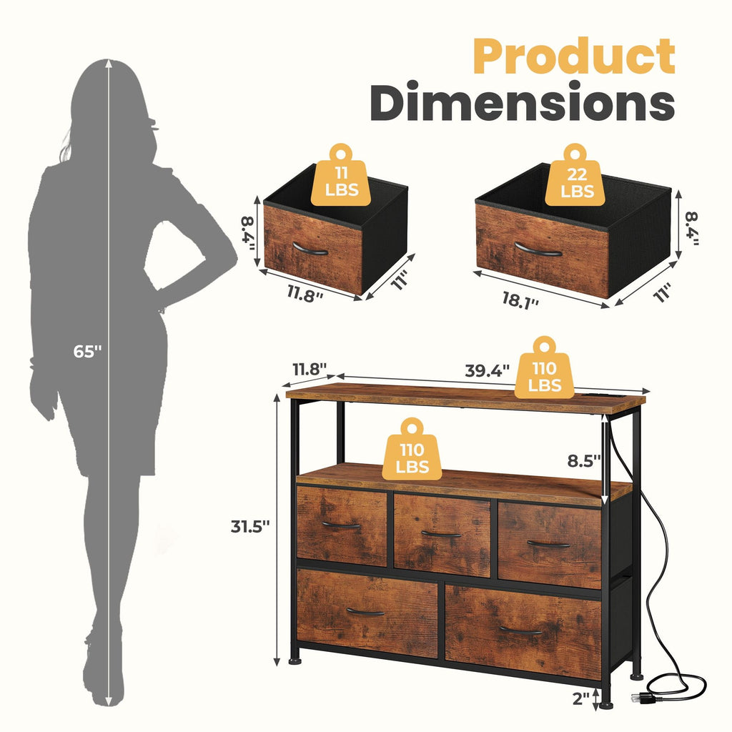 Rustic Brown TV Stand Dresser with Charging Station