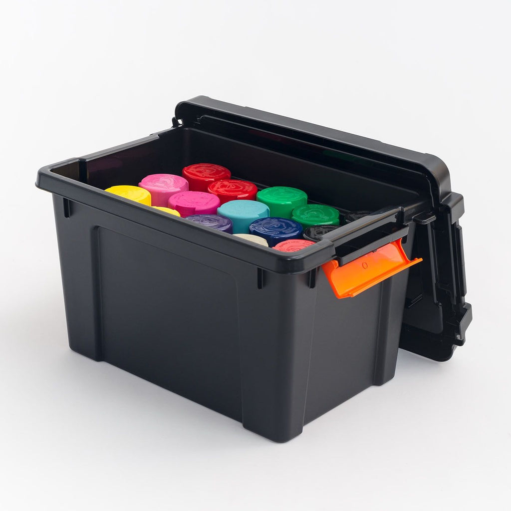Black Plastic Storage Bin with Latching Lid and Stackable Design