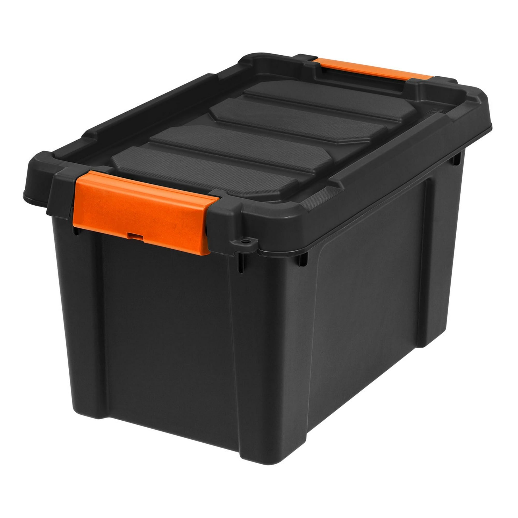 Black Plastic Storage Bin with Latching Lid and Stackable Design