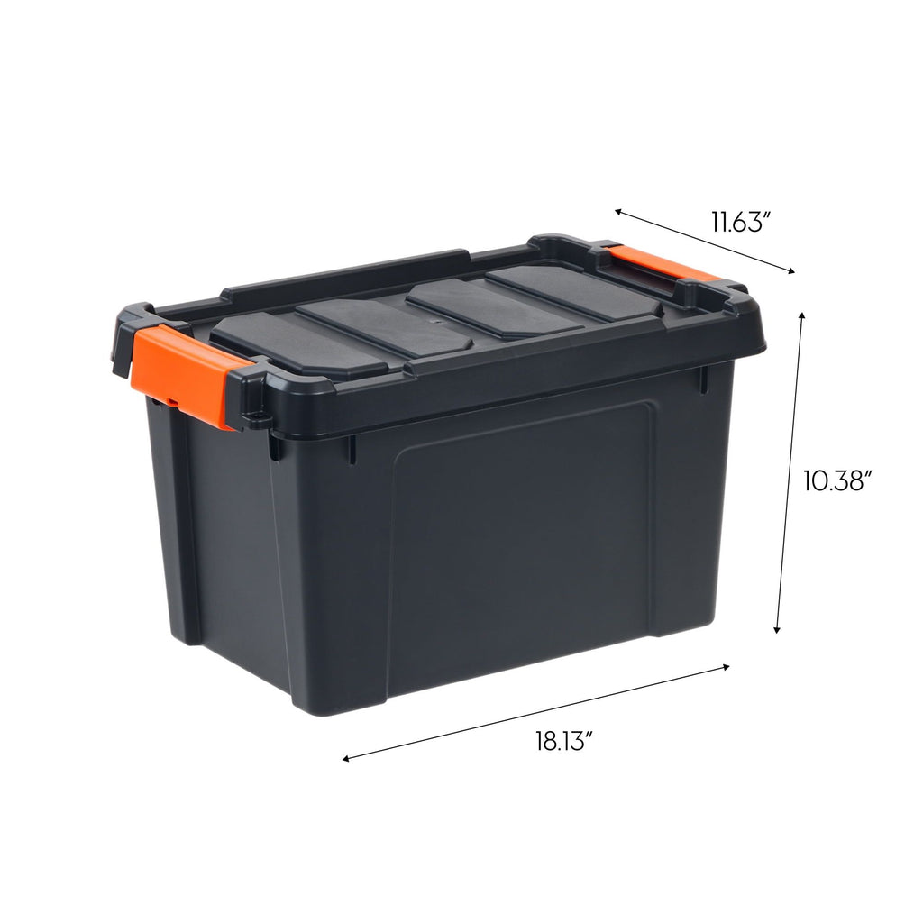 Black Plastic Storage Bin with Latching Lid and Stackable Design