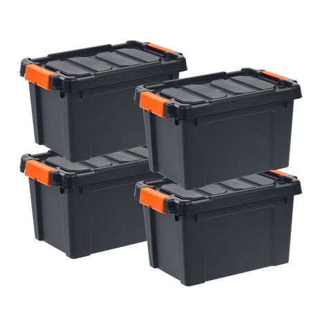 Black Plastic Storage Bin with Latching Lid and Stackable Design