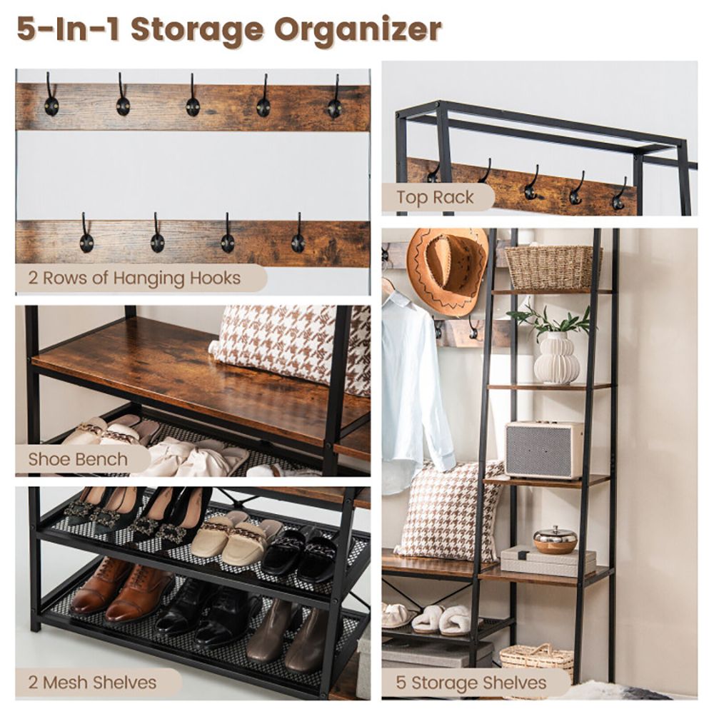5-in-1 Hall Tree with Shoe Bench and Hooks
