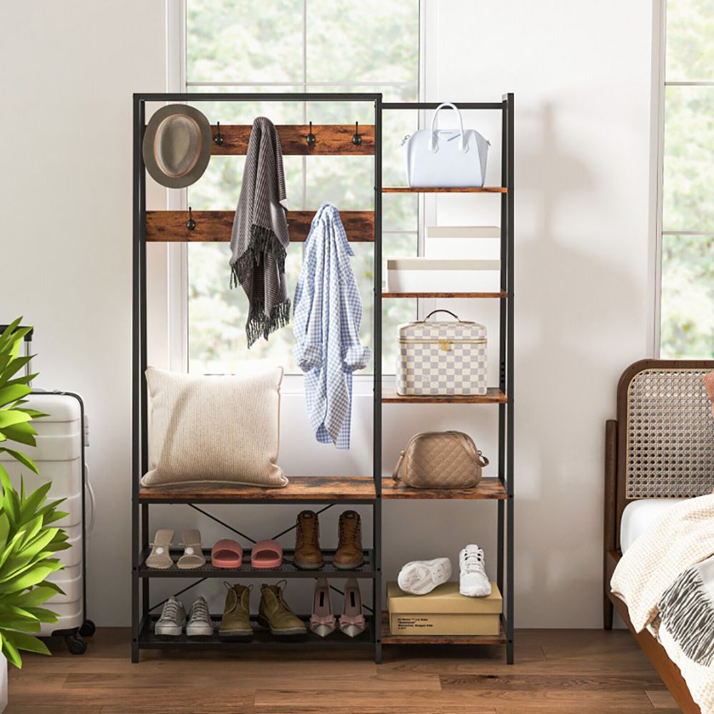 5-in-1 Hall Tree with Shoe Bench and Hooks