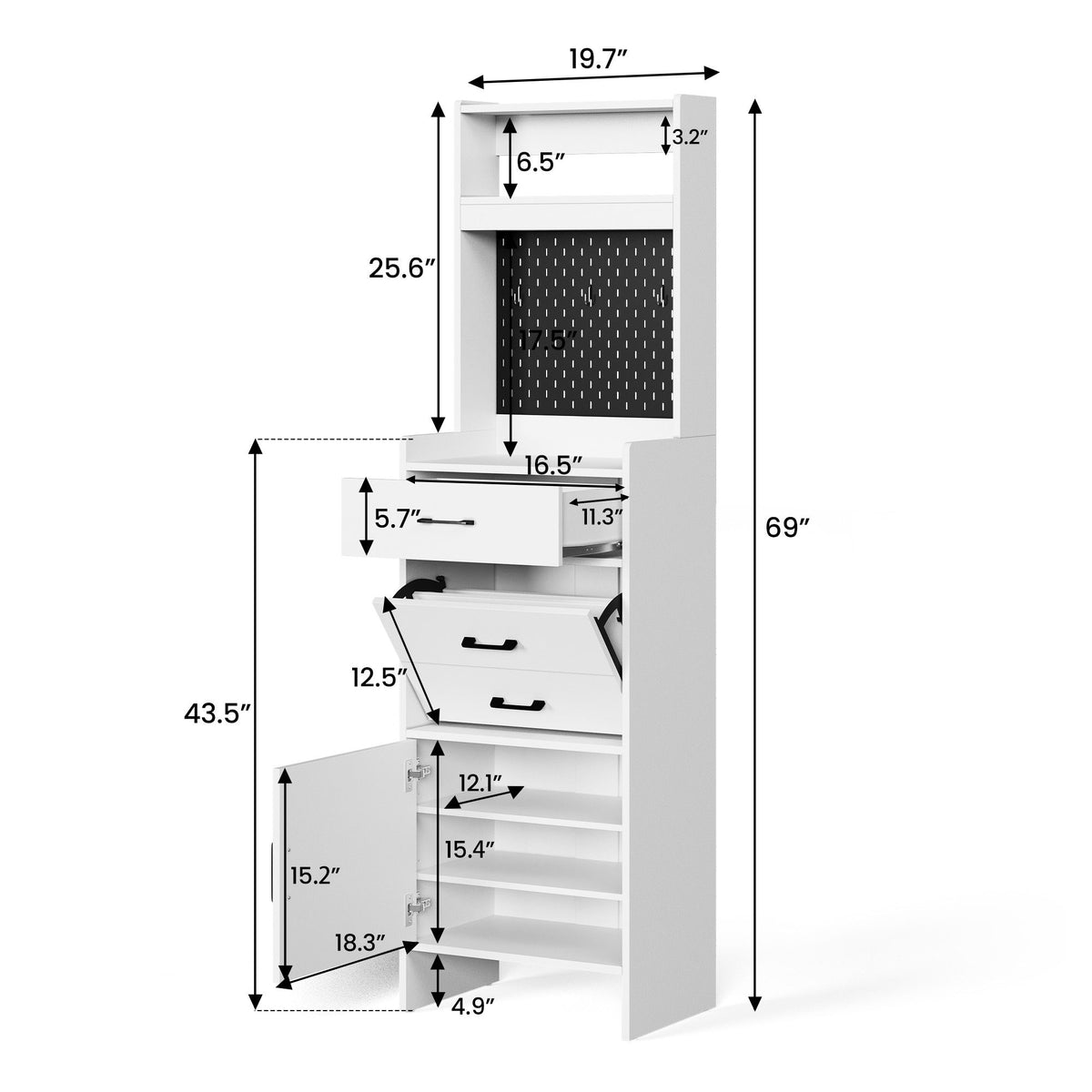 5-in-1 Shoe Cabinet with Flip Drawer, Entryway Shoe Storage with Pegboard, Adjustable Shelf, Wood En