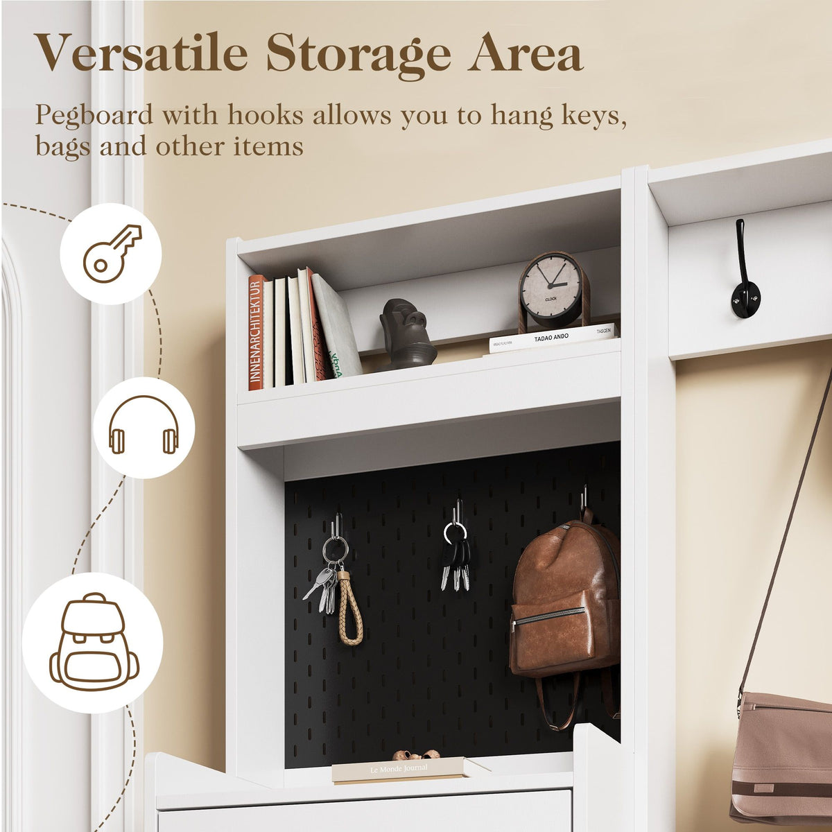 5-in-1 Shoe Cabinet with Flip Drawer, Entryway Shoe Storage with Pegboard, Adjustable Shelf, Wood En