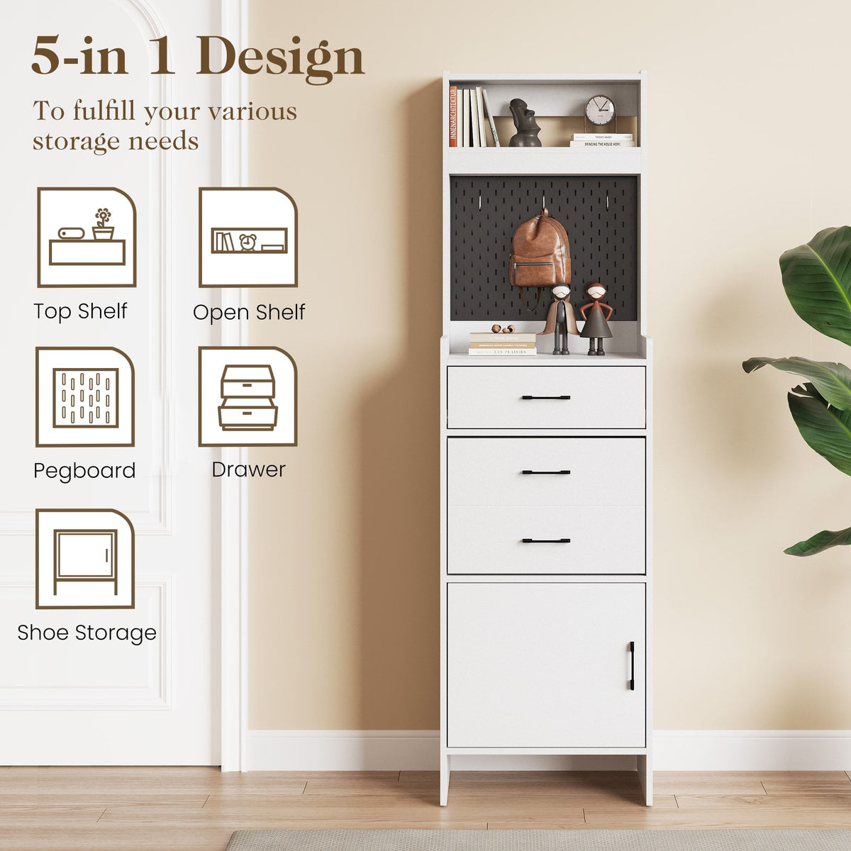 5-in-1 Shoe Cabinet with Flip Drawer, Entryway Shoe Storage with Pegboard, Adjustable Shelf, Wood En