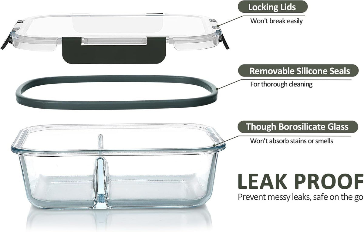 Divided Glass Meal Prep Container Set with Lids